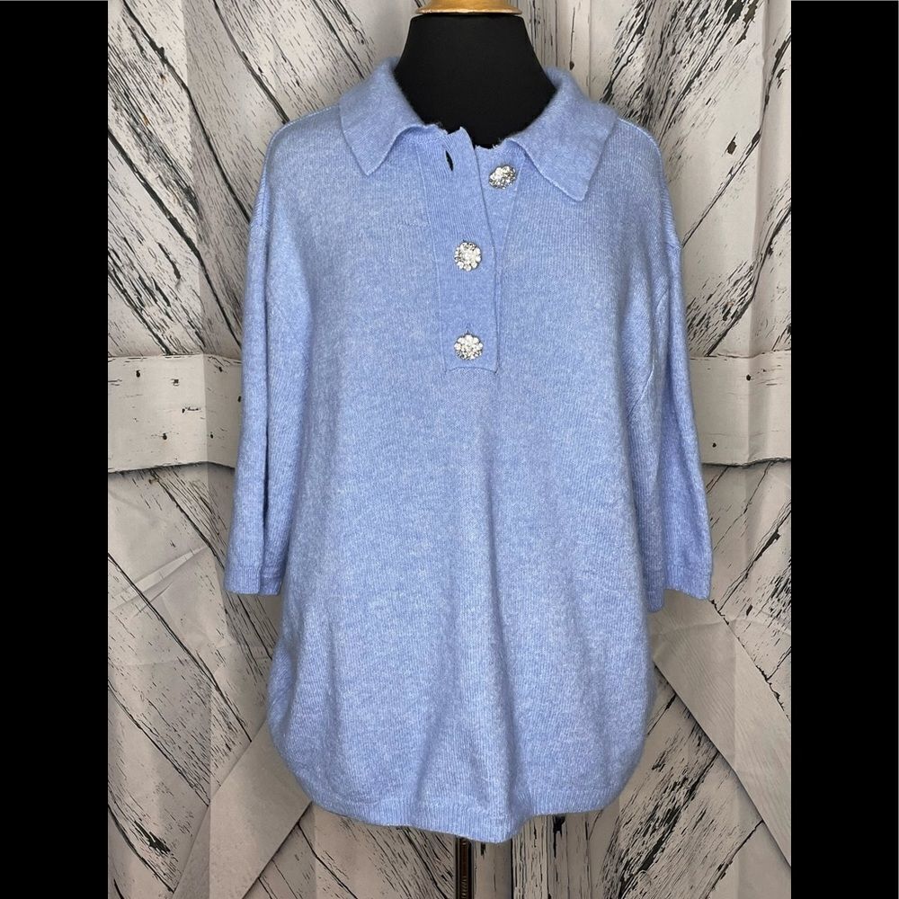 H&M Conscious Wool-Blend Sweater Rhinestone Buttons Blue M